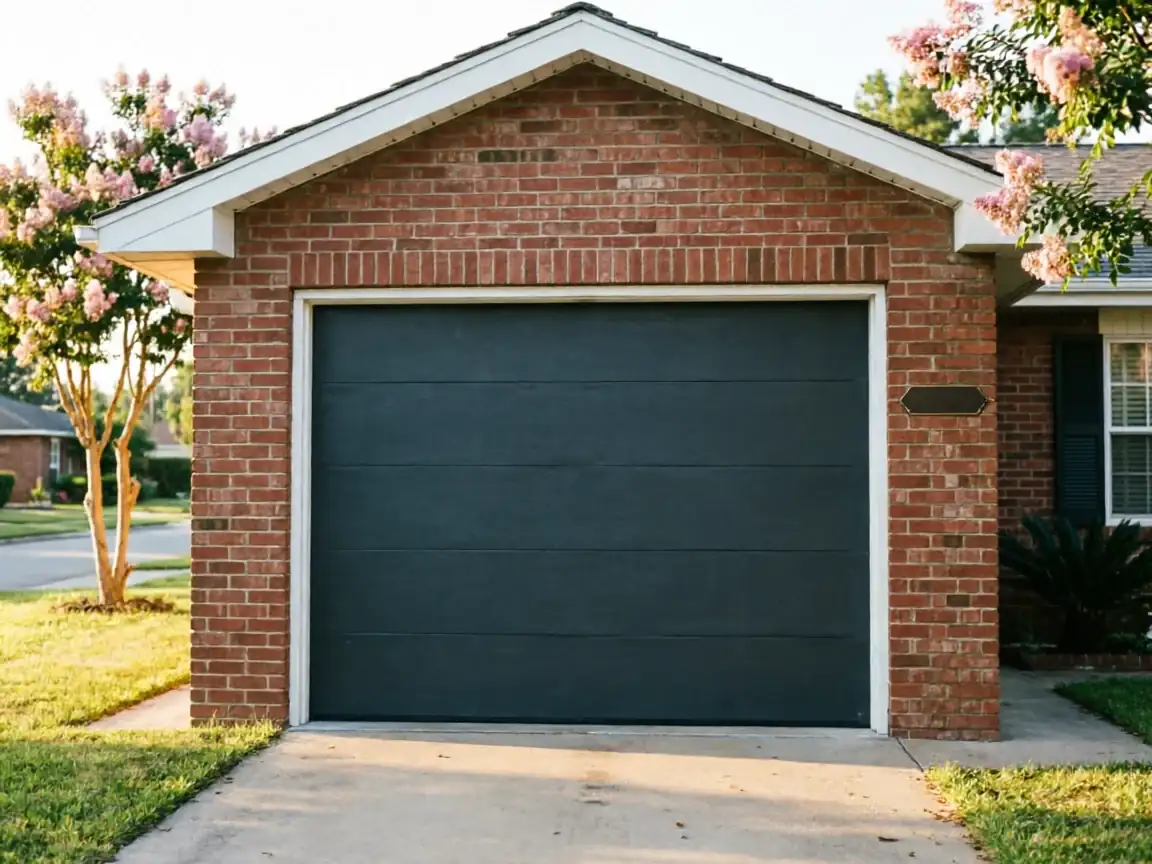 A dark gray garage door is on a brick house with a driveway and landscaping.