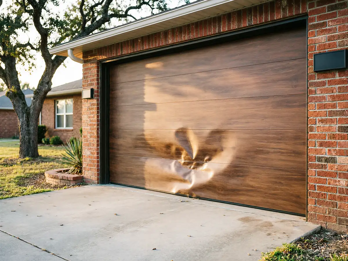 A damaged brown garage door is on a brick house with a concrete driveway.